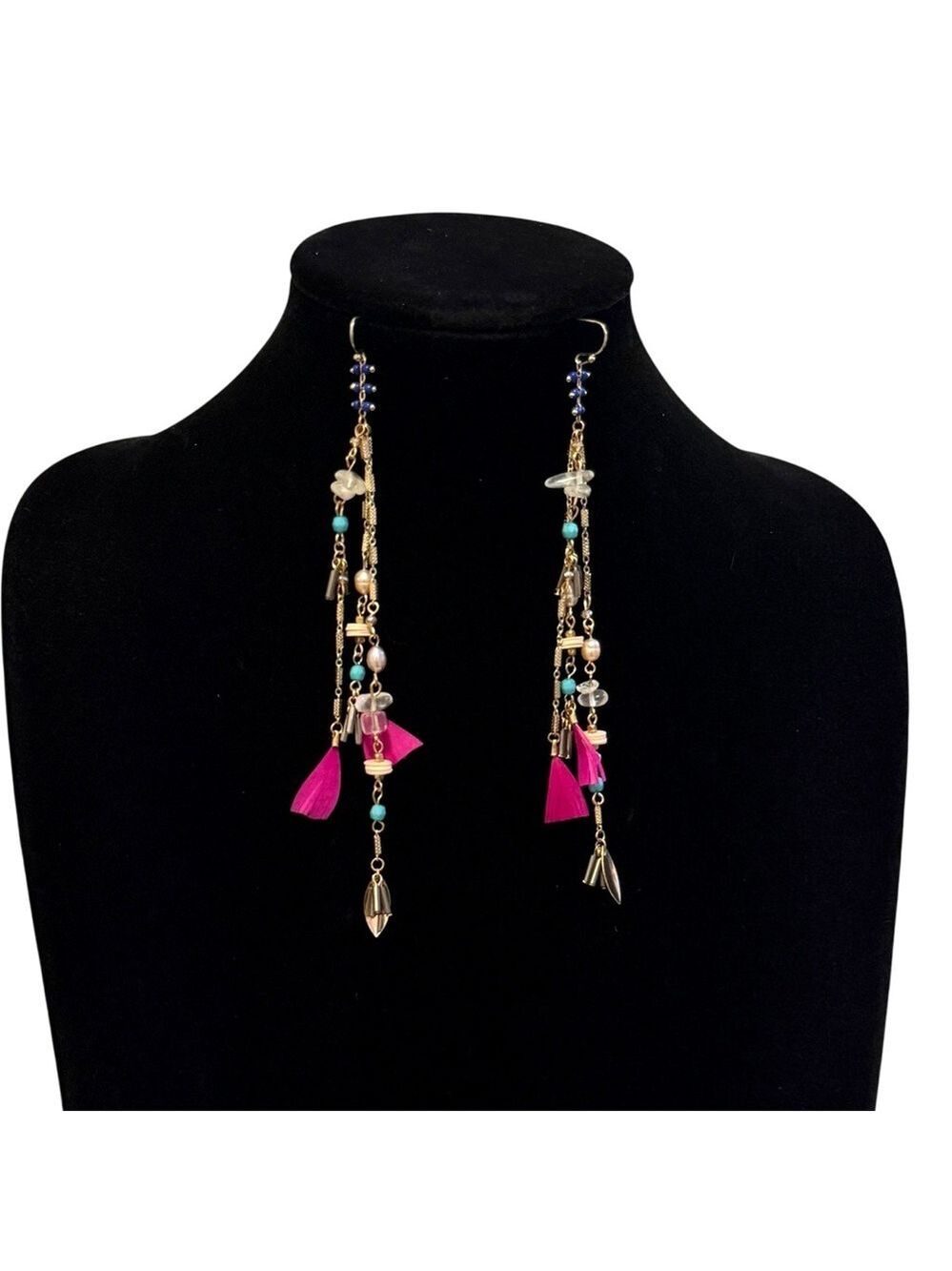EXPRESS Boho Pink & Turquoise Tassel Beaded 4.5 Inch Long Earrings | NWT